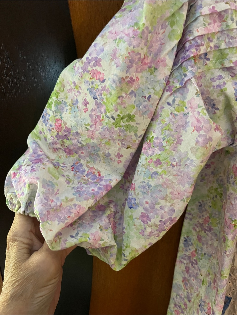Easel Lavender-Pink-Green Floral Puff-Sleeve Top w/Applique Flowers & Pintucks - Picture 6 of 9